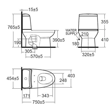 AMERICAN STANDARD ACACIA SUPASLEEK TWO PIECE TOILET CL23075-6DAMYCBT S-TRAP 300MM