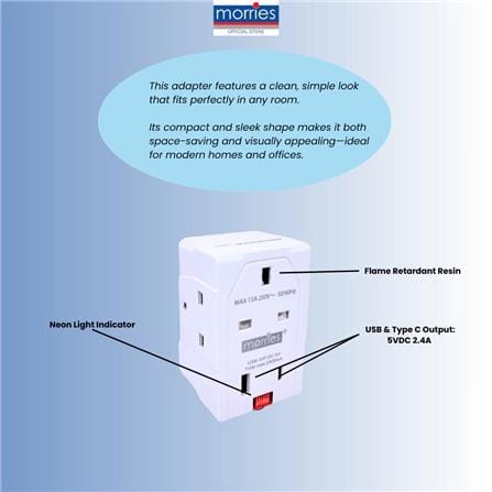 13A 3WAY ADAPTOR WITH FUSE+USB2.4A MS-3L1U1C MORRIES