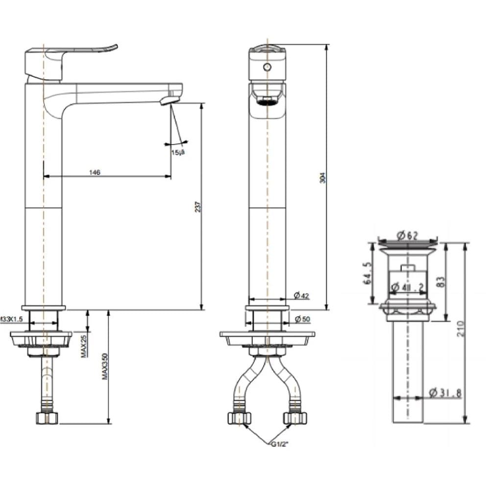 AMERICAN STANDARD NEO MODERN EXTENDED BASIN MIXER WITH POP UP DRAIN FFAS0703-101500BF0
