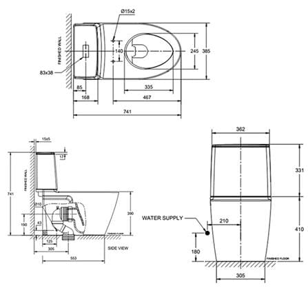 AMERICAN STANDARD ACACIA SUPASLEEK TWO PIECE TOILET CL23075-6DAMYCBT S-TRAP 300MM