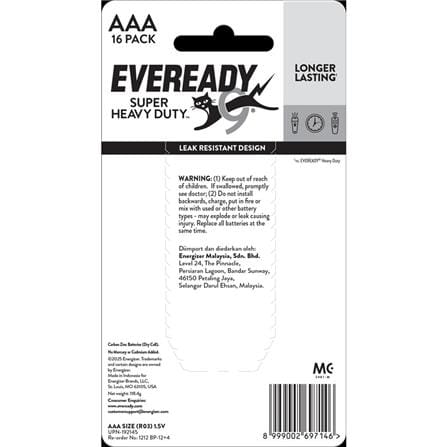 EVEREADY SUPER HEAVY DUTY AAA BATTERY 12+4 1212BP12+4M