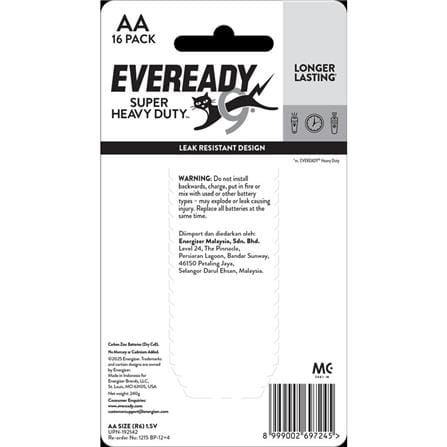 EVEREADY SUPER HEAVY DUTY AA BATTERY 12+4 1215BP12+4M