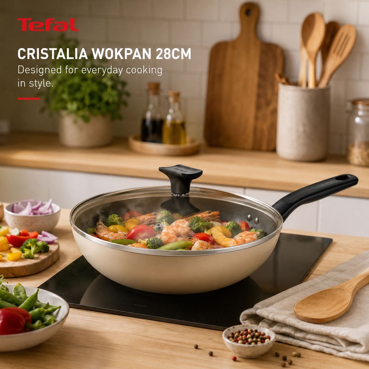 TEFAL COOKWARE CRISTALIA WOKPAN 28CM WITH GLASS LID - B5351695