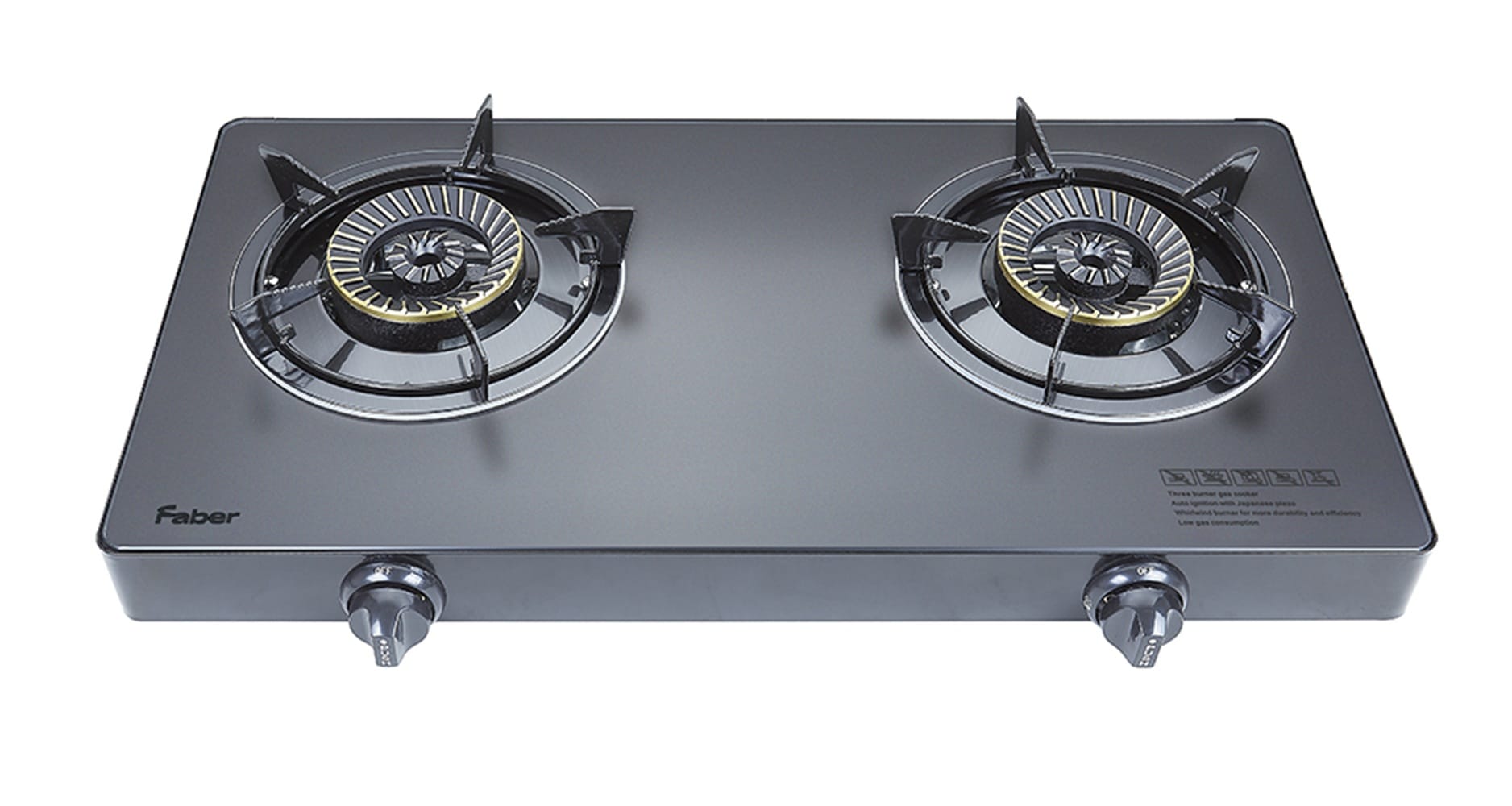 FABER GLASS TOP GAS STOVE FC GLAZZO-N 2243 4.3kW 2BURNERS TEMPERING GLASS/COLD SHEET COATED BLACK COLOR