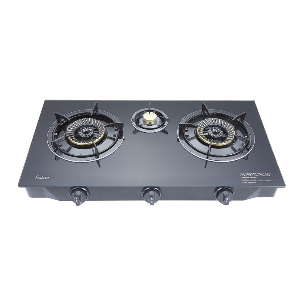 FABER GLASS TOP GAS STOVE FC GLAZZO G343 4.3kW 3BURNERS TEMPERING GLASS/COLD SHEET COATED BLACK COLOR