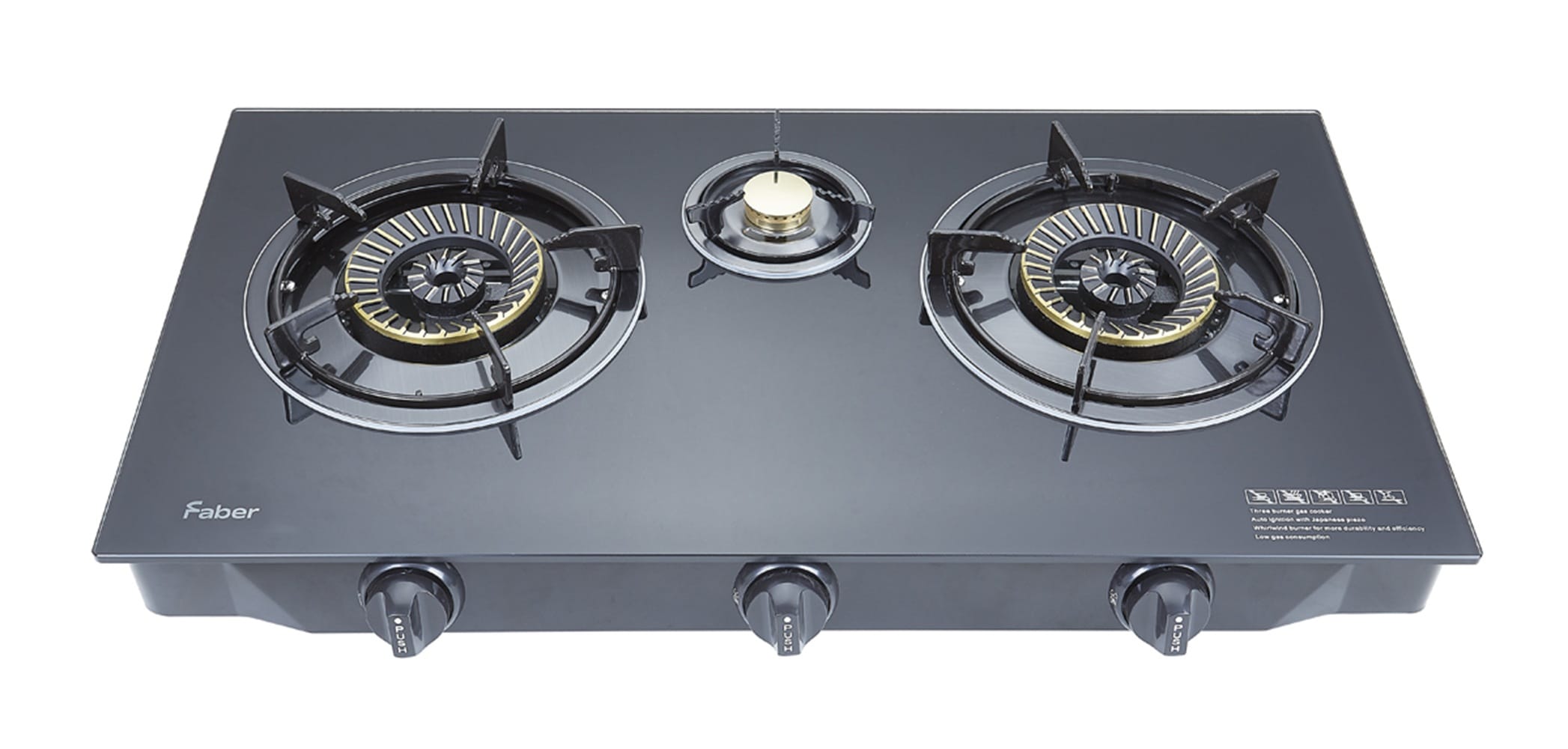 FABER GLASS TOP GAS STOVE FC GLAZZO G343 4.3kW 3BURNERS TEMPERING GLASS/COLD SHEET COATED BLACK COLOR