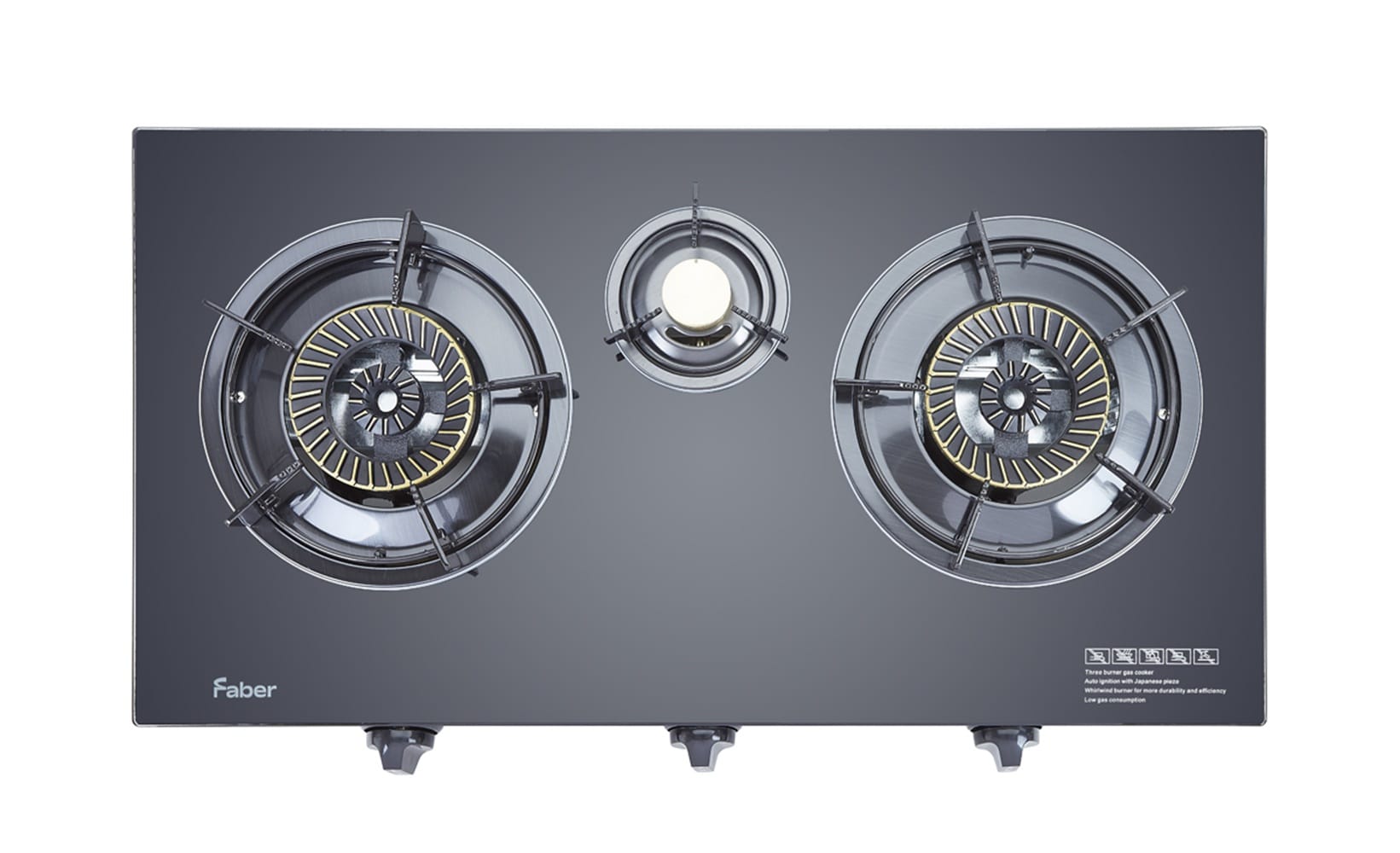 FABER GLASS TOP GAS STOVE FC GLAZZO G343 4.3kW 3BURNERS TEMPERING GLASS/COLD SHEET COATED BLACK COLOR