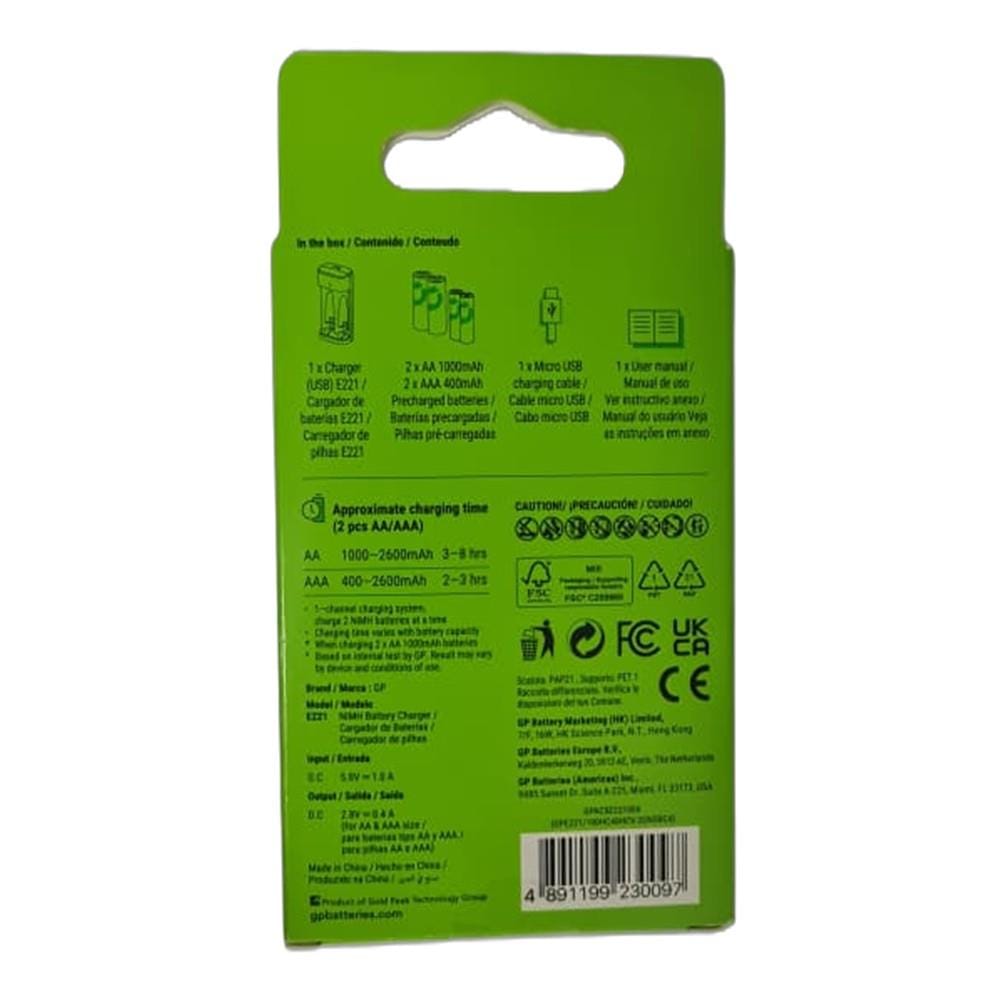 GP RECHARGE CHARGER E221+2S AA 1000mAh + 2S AAA 400mAh