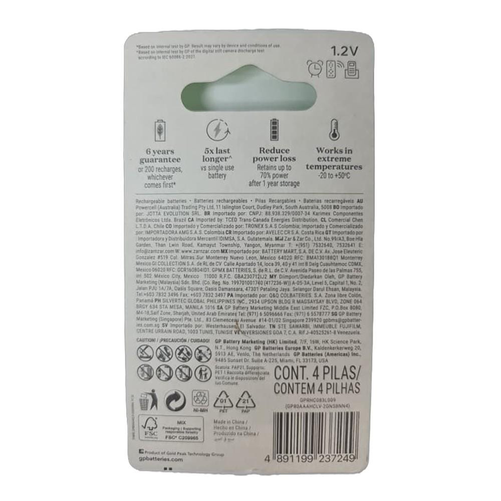 GP RECHARGEABLE BATTERY 800mAh AAA 4S
