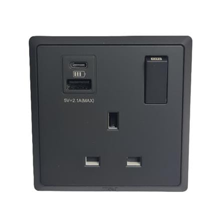 13A 250V 1 GANG SWITCH SOCKET WITH USB A+C MATT BLACK HC8643SUSBC-SBL T&J