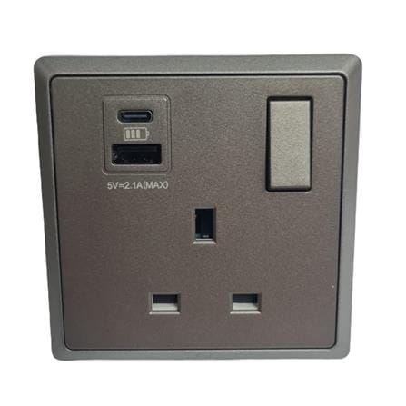 13A 250V 1 GANG SWITCH SOCKET WITH USB A+C CHAMPAGNE GREY HC8643SUSBC-ST5 T&J