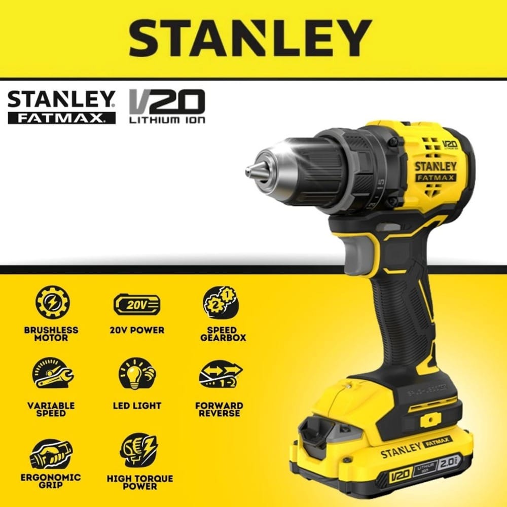 STANLEY CORDLESS 20V BRUSHLESS DRILL DRIVER SBD714D2T-B1 (2x 2.0Ah Batteries included)