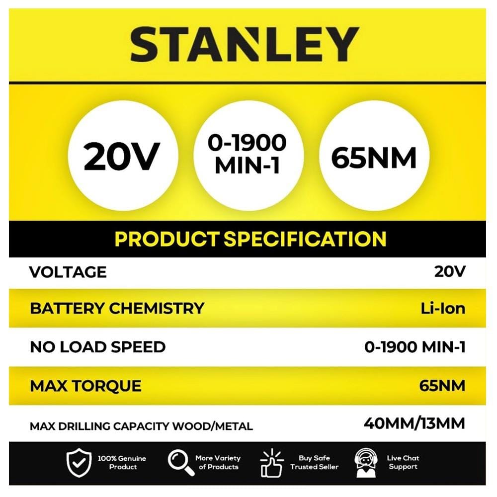 STANLEY CORDLESS 20V BRUSHLESS DRILL DRIVER SBD714D2T-B1 (2x 2.0Ah Batteries included)