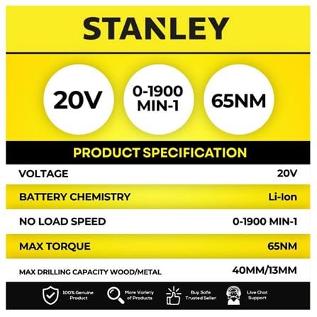 STANLEY CORDLESS 20V BRUSHLESS DRILL DRIVER SBD714D2T-B1 (2x 2.0Ah Batteries included)