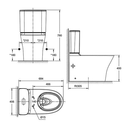 AMERICAN STANDARD SIGNATURE CLOSE COUPLED BACK TO WALL TOILET CL26225-6DAMYCB S-TRAP 250MM