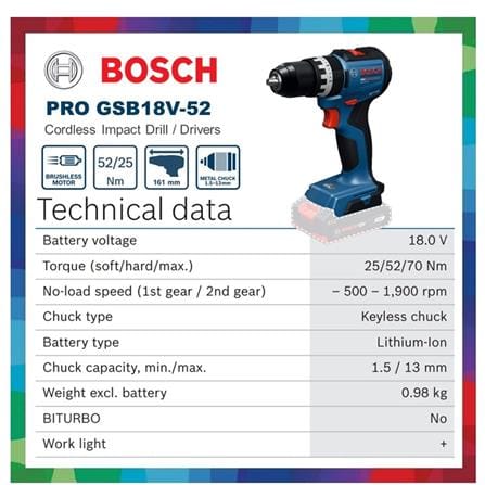 BOSCH 18V CORDLESS IMPACT DRILL GDS18V-52 (2x 2.0Ah Batteries)