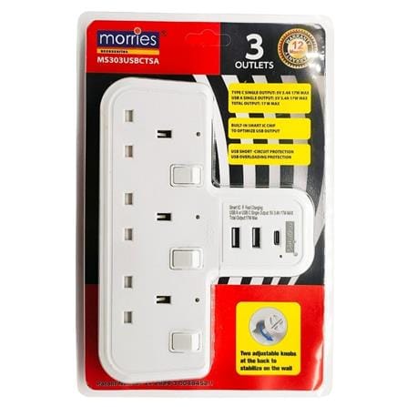 MORRIES 3 WAY T-ADAPTOR WITH 2USB A & 1 TYPE C MS303USBCTSA