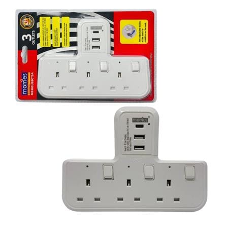 MORRIES 3 WAY T-ADAPTOR WITH 2USB A & 1 TYPE C MS303USBCTSA