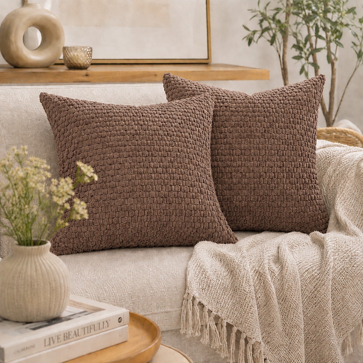 HOME LIVING STYLE CUSHION HANNA 18X18INCH LIGHT BROWN