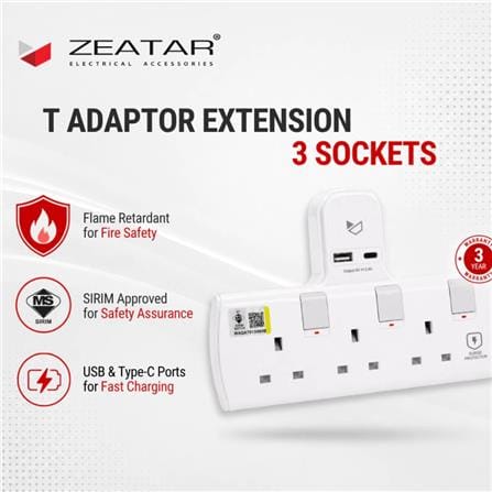 ZEATAR 3 WAY T-ADAPTOR WITH USB2.4A+C SURGE Z803-CU