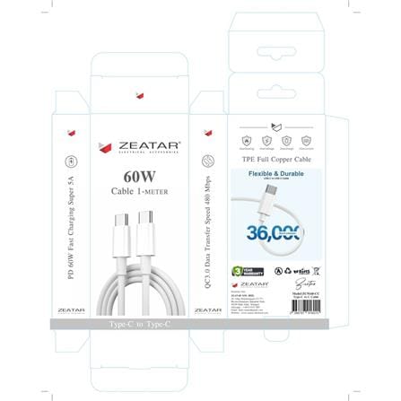 ZEATAR TYPE-C PD 60W 5A QUICK CHARGE CABLE 1M ZC9160-CC