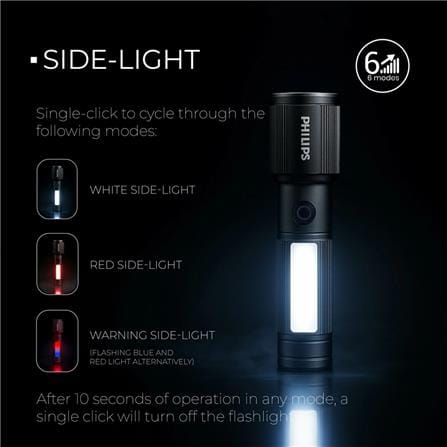 PHILIPS ALUMINIUM ALLOY ZOOM DUAL LED RECHARGEABLE FLASHLIGHT 330LM 325m 2000MAH