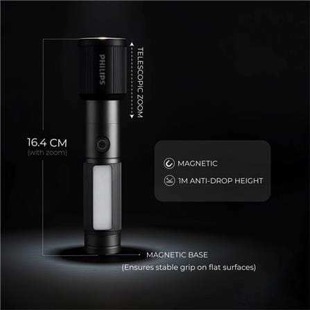 PHILIPS ALUMINIUM ALLOY ZOOM DUAL LED RECHARGEABLE FLASHLIGHT 330LM 325m 2000MAH