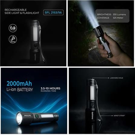 PHILIPS ALUMINIUM ALLOY ZOOM DUAL LED RECHARGEABLE FLASHLIGHT 330LM 325m 2000MAH