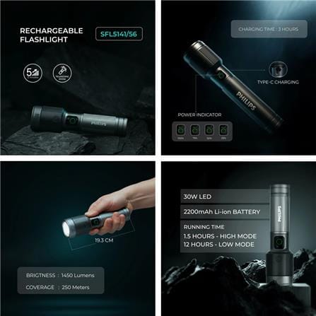 PHILIPS ALUMINIUM ALLOY ZOOM LED RECHARGEABLE FLASHLIGHT 1450LM 690m 2200MAH
