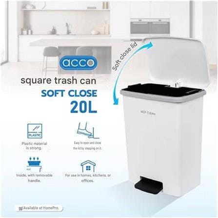 PEDAL BIN SQUARE SOFT CLOSE 20L WHITE