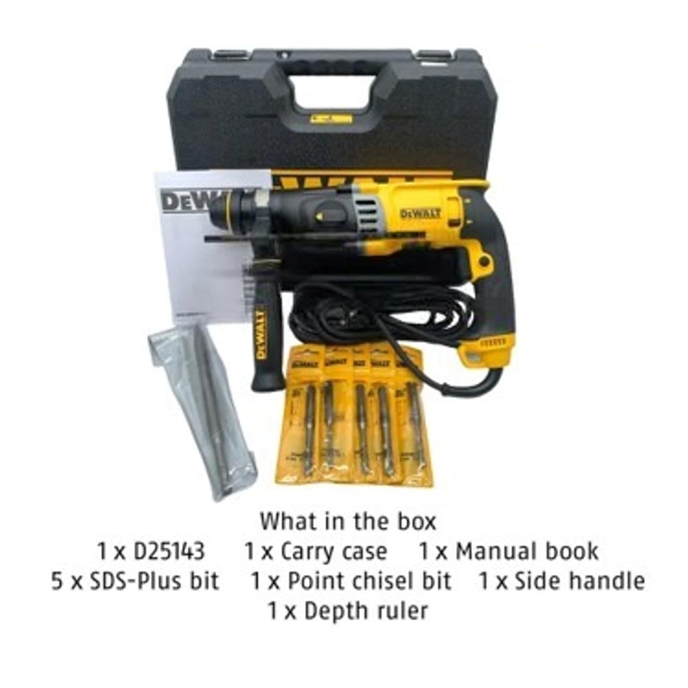 DEWALT 28MM 900W ROTARY HAMMER D25143KA-B1 + 6 ACCESSORIES