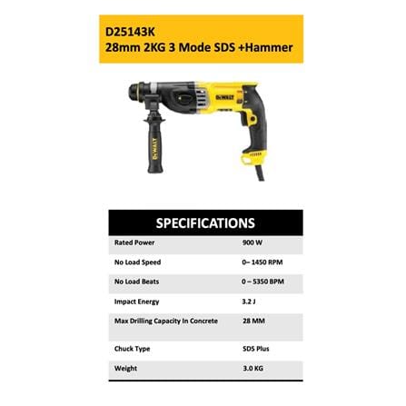 DEWALT 28MM 900W ROTARY HAMMER D25143KA-B1 + 6 ACCESSORIES