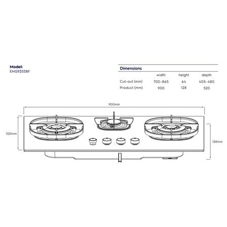 ELECTROLUX 90CM 500 SERIES BUILT-IN GAS HOB EHG9355BF 3BURNERS 5KW+1.65KW 90CM