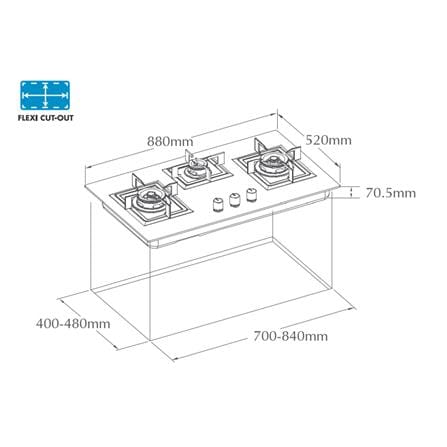 FOTILE EPS-I SERIES FLEXIBLE CUT OUT GAS HOB GEG88306-I BLACK 3 BURNERS 5.35KW+1.7KW 88CM SMART SYNC