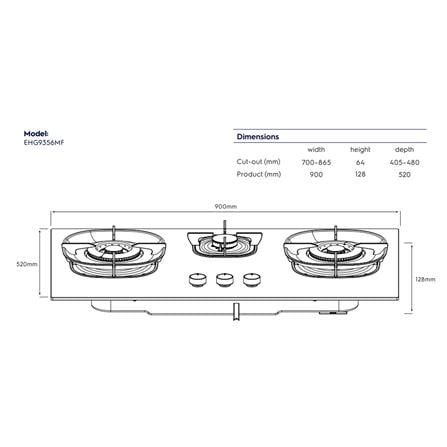 ELECTROLUX 90CM 600 SERIES BUILT-IN GAS HOB EHG9356MF 3BURNERS 5.2KW+2KW 90CM