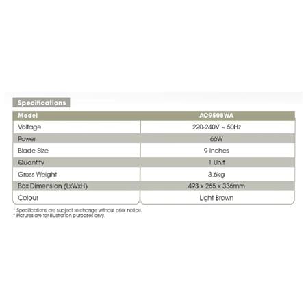 KHIND WALL CIRCULATOR FAN AC9508WA 9" 66W 5BLADE 3SPEED