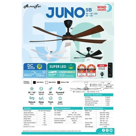 ALPHA CEILING FAN JUNO 5BLADE LED MATTE BLACK 56"